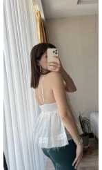 Tül Beyaz Askılı Bluz