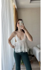 Tül Beyaz Askılı Bluz