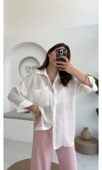 Tül Detaylı Gömlek-2109-Ekru