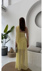 Tül Straplez Sarı Elbise