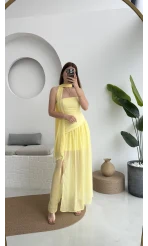 Tül Straplez Sarı Elbise