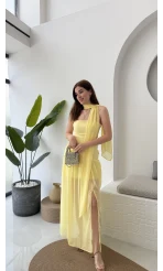 Tül Straplez Sarı Elbise