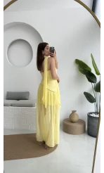 Tül Straplez Sarı Elbise