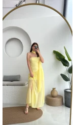 Tül Straplez Sarı Elbise