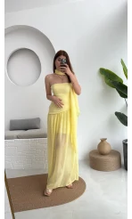 Tül Straplez Sarı Elbise