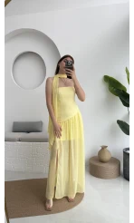 Tül Straplez Sarı Elbise