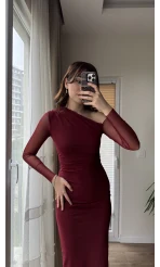 Tül ve Omuz Detay Elbise Bordo