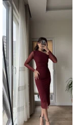 Tül ve Omuz Detay Elbise Bordo