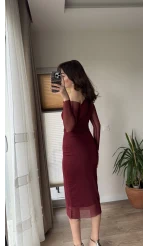 Tül ve Omuz Detay Elbise Bordo