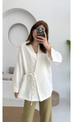 Tuus Keten Kimono Yandan Bağlamalı Beyaz