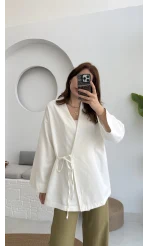 Tuus Keten Kimono Yandan Bağlamalı Beyaz