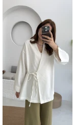 Tuus Keten Kimono Yandan Bağlamalı Beyaz