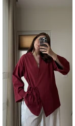 Tuus Keten Kimono Yandan Bağlamalı Bordo