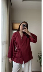 Tuus Keten Kimono Yandan Bağlamalı Bordo