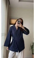 Tuus Keten Kimono Yandan Bağlamalı Lacivert