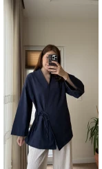 Tuus Keten Kimono Yandan Bağlamalı Lacivert