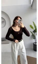 U Yaka Oys Uzun Kol Body - Acı Kahve