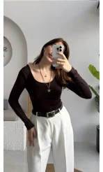 U Yaka Oys Uzun Kol Body - Acı Kahve