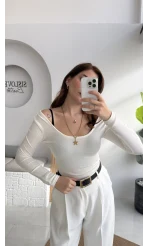 U Yaka Oys Uzun Kol Body - Ekru