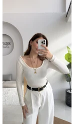 U Yaka Oys Uzun Kol Body - Ekru