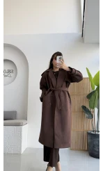 Ultra Premium Kemerli Süet Kaban-Trenç Kahve - 9608