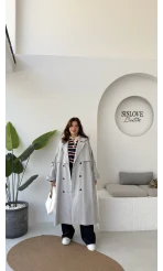 Ultra Premium Kuşaklı Trençkot - Gri - Kod: 9476