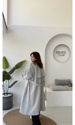 Ultra Premium Kuşaklı Trençkot - Gri - Kod: 9476