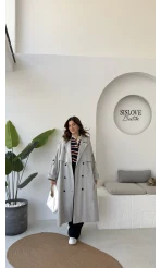 Ultra Premium Kuşaklı Trençkot - Gri - Kod: 9476