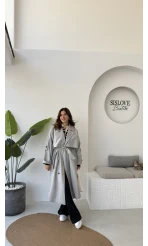Ultra Premium Kuşaklı Trençkot - Gri - Kod: 9476