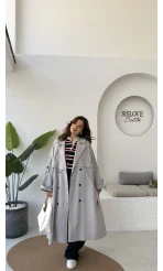 Ultra Premium Kuşaklı Trençkot - Gri - Kod: 9476