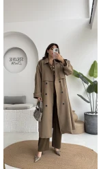 Ultra Premium Kuşaklı Trençkot - Karamel - Kod: 9476