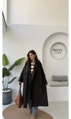 Ultra Premium Kuşaklı Trençkot - Koyu Kahve - Kod: 9476