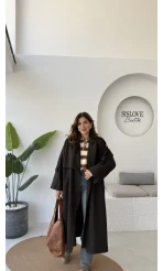 Ultra Premium Kuşaklı Trençkot - Koyu Kahve - Kod: 9476