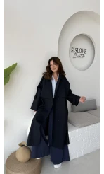 Ultra Premium Kuşaklı Trençkot - Lacivert - Kod: 9476