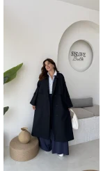 Ultra Premium Kuşaklı Trençkot - Lacivert - Kod: 9476