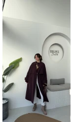 Ultra Premium Kuşaklı Trençkot - Mürdüm - Kod: 9476
