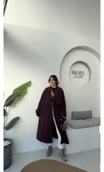 Ultra Premium Kuşaklı Trençkot - Mürdüm - Kod: 9476