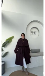 Ultra Premium Kuşaklı Trençkot - Mürdüm - Kod: 9476