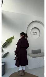 Ultra Premium Kuşaklı Trençkot - Mürdüm - Kod: 9476