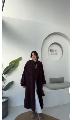 Ultra Premium Kuşaklı Trençkot - Mürdüm - Kod: 9476