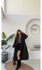 Ultra Premium Kuşaklı Trençkot - Siyah - Kod: 9476