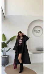 Ultra Premium Kuşaklı Trençkot - Siyah - Kod: 9476