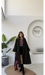 Ultra Premium Kuşaklı Trençkot - Siyah - Kod: 9476