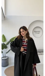 Ultra Premium Kuşaklı Trençkot - Siyah - Kod: 9476