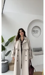 Ultra Premium Kuşaklı Trençkot - Taş - Kod: 9476