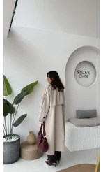 Ultra Premium Kuşaklı Trençkot - Taş - Kod: 9476