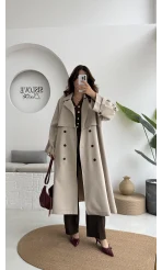 Ultra Premium Kuşaklı Trençkot - Taş - Kod: 9476