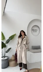 Ultra Premium Kuşaklı Trençkot - Taş - Kod: 9476