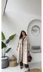 Ultra Premium Kuşaklı Trençkot - Taş - Kod: 9476