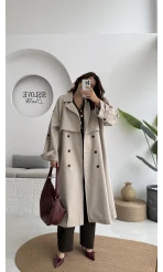 Ultra Premium Kuşaklı Trençkot - Taş - Kod: 9476